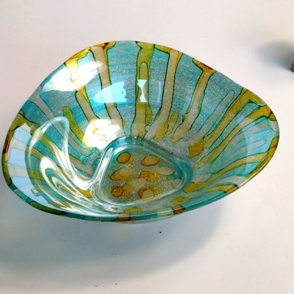 Teal and Gold Coloured Decorative Art Glass Bowl - Picture 1 of 5